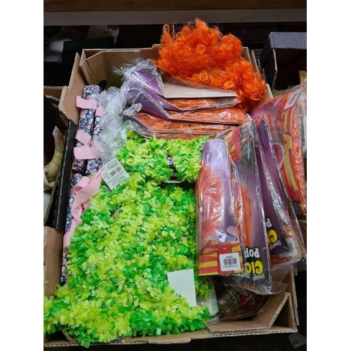 152 - 2 CARTONS OF MISC BUBBLES SOLUTION, ORANGE WIGS, TOILET BAGS & RIBBON