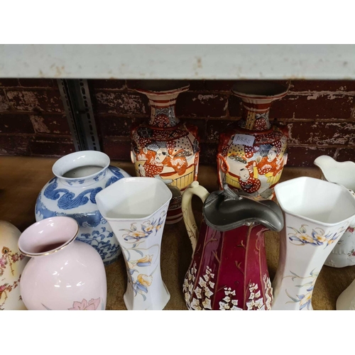 177 - SHELF WITH VARIOUS VASES INCL: 2 ORIENTAL STYLE & A JUG WITH PEWTER LID