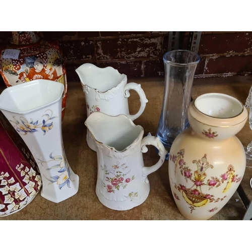 177 - SHELF WITH VARIOUS VASES INCL: 2 ORIENTAL STYLE & A JUG WITH PEWTER LID