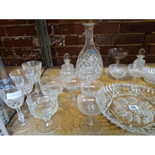 184 - SHELF OF MISC GLASSWARE INCL;    DECANTER WITH NO STOPPER