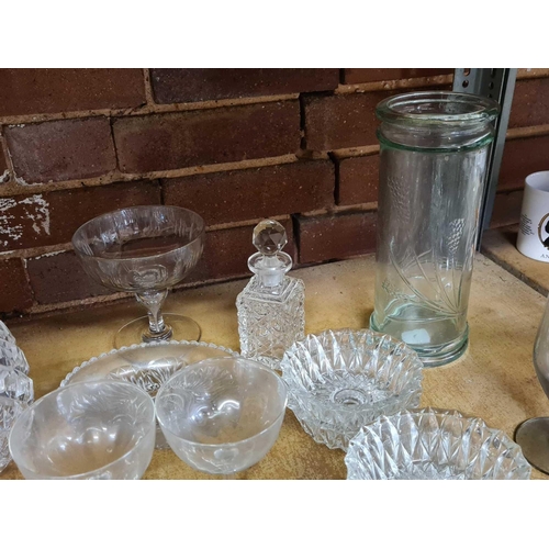 184 - SHELF OF MISC GLASSWARE INCL;    DECANTER WITH NO STOPPER