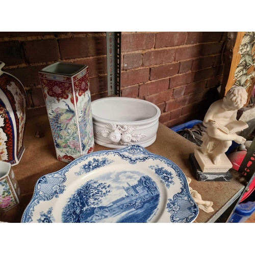 193 - SHELF OF MISC CHINAWARE INCL;    ORIENTAL STYLE VASE WITH TOP & CHILD BOOKEND & HORSE ORNAMENT