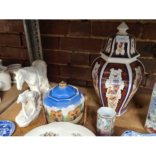 193 - SHELF OF MISC CHINAWARE INCL;    ORIENTAL STYLE VASE WITH TOP & CHILD BOOKEND & HORSE ORNAMENT