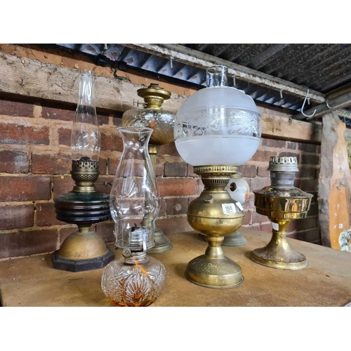 194 - 6  GLASS BODIED & BRASS OIL LAMPS WITH GLASS SHADES