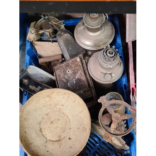 207 - 2 CARTONS OF MIXED BRASS OIL LAMPS, METAL WEIGH SCALES & SHADES