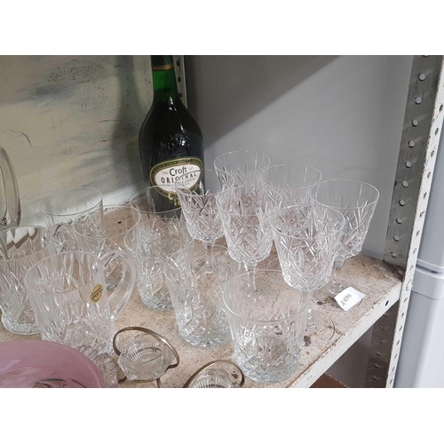 230 - SHELF OF VARIOUS GLASSWARE & BOTTLE OF CROFTS ORIGINAL SHERRY