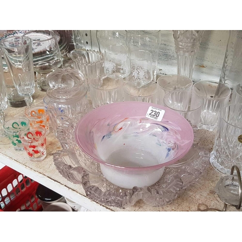 230 - SHELF OF VARIOUS GLASSWARE & BOTTLE OF CROFTS ORIGINAL SHERRY