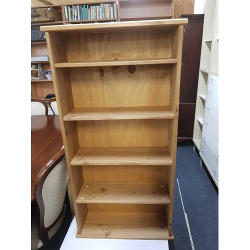 294 - WHITE TABLE, BAMBOO TABLE & SET OF SHELVES