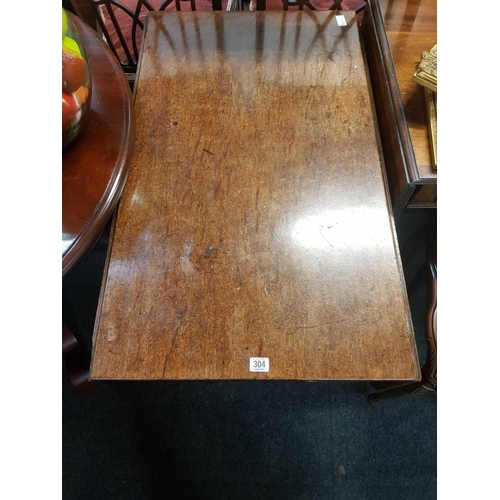 304 - MAHOGANY DROP FLAP TABLE WITH DRAWER ON PILLAR LEGS