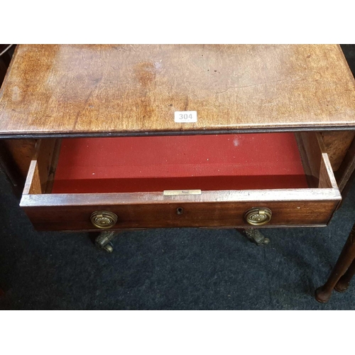 304 - MAHOGANY DROP FLAP TABLE WITH DRAWER ON PILLAR LEGS