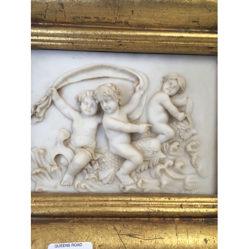 305 - PAIR OF GILT FRAMED CHERUB PLAQUES & AN OVAL MINIATURE SMALL PLAQUE