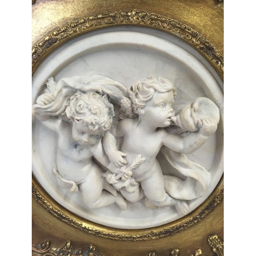 305 - PAIR OF GILT FRAMED CHERUB PLAQUES & AN OVAL MINIATURE SMALL PLAQUE