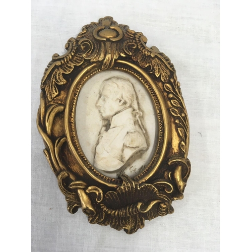 305 - PAIR OF GILT FRAMED CHERUB PLAQUES & AN OVAL MINIATURE SMALL PLAQUE