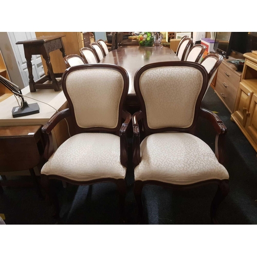 307 - REPRODUCTION MAHOGANY 10ft BOARD ROOM TABLE WITH 8 MATCHING CHAIRS & 2 CARVER CHAIRS