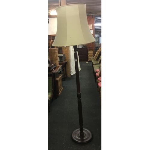 323 - MAHOGANY STANDARD LAMP & SHADE, (NEEDS TO BE REWIRED)