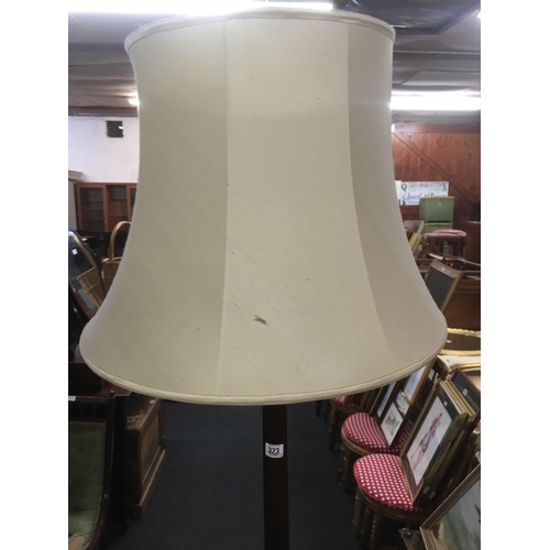 323 - MAHOGANY STANDARD LAMP & SHADE, (NEEDS TO BE REWIRED)