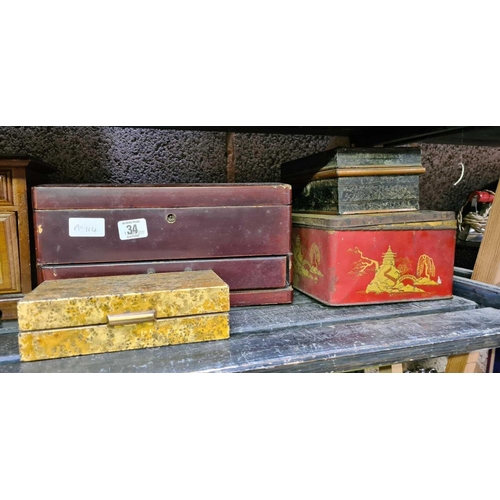 34 - SHELF WITH VARIOUS TRINKET BOXES, 2 VINTAGE TINS & A CANTILEVER CIGARETTE BOX