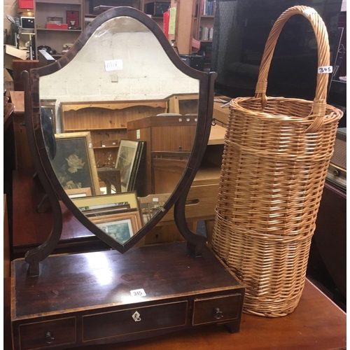 345 - MAHOGANY CHEVAL MIRROR WITH DRAWERS &  WICKER STICK STAND