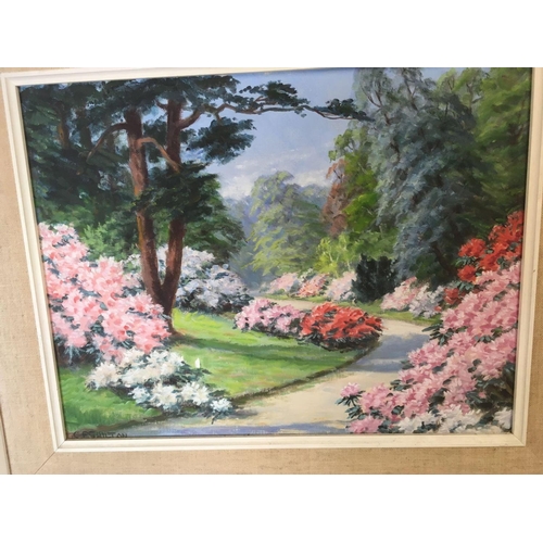 355 - F/G OIL PAINTING OF A PATHWAY OF FLOWERS & A PRINT OF MILL REEF RACING HORSE