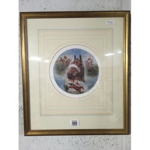 369 - CIRCULAR COLOURED PRINT OF THE RACEHORSE RED RUM, SIGNED IN PENCIL BY THE ARTIST & LIMITED EDITION N... 