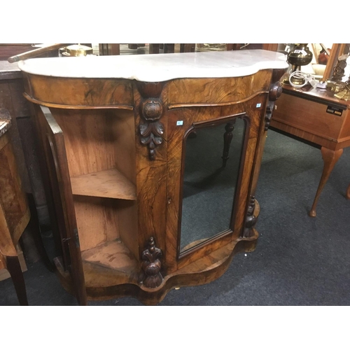 374 - WALNUT MIRRORED DOOR CUPBOARD WITH MARBLE TOP