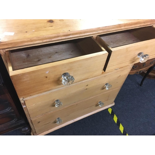 377 - PINE CHEST OF 5 DRAWERS WITH GLASS HANDLES