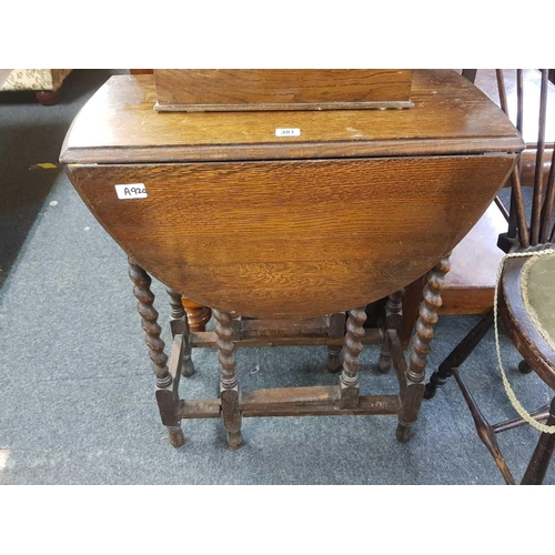 381 - OAK LETTER RACK, OAK BARLEY TWIST GATE LEG TABLE & A SPINDLE BACK DINING CHAIR