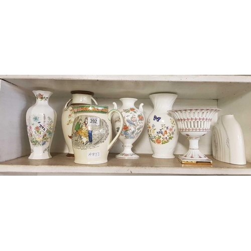 392 - 2 SHELVES OF CHINAWARE CONSISTING OF VASES, CUPS ETC