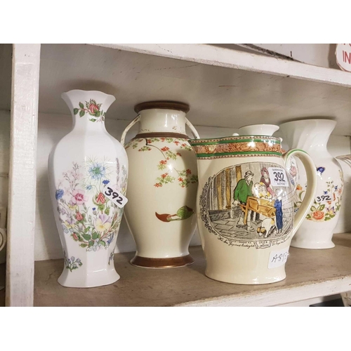 392 - 2 SHELVES OF CHINAWARE CONSISTING OF VASES, CUPS ETC