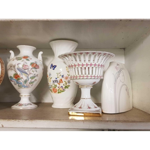 392 - 2 SHELVES OF CHINAWARE CONSISTING OF VASES, CUPS ETC