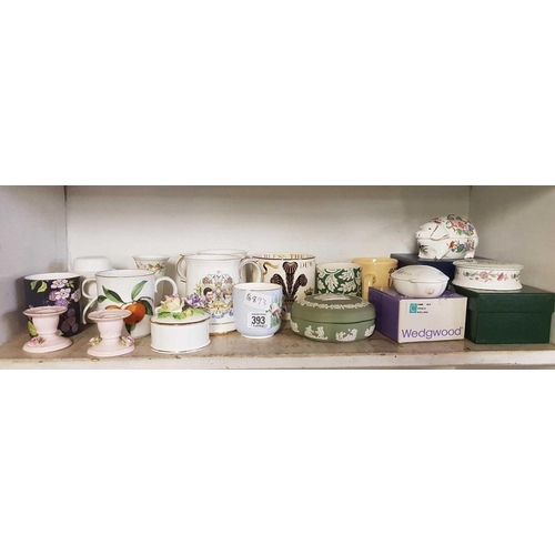 393 - SHELF OF ASSORTED CHINAWARE INCL;    TRINKET BOXES & MUGS ETC