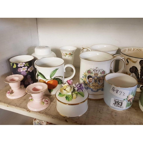 393 - SHELF OF ASSORTED CHINAWARE INCL;    TRINKET BOXES & MUGS ETC