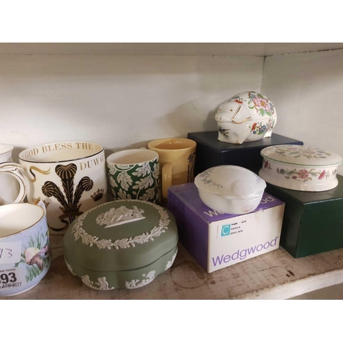 393 - SHELF OF ASSORTED CHINAWARE INCL;    TRINKET BOXES & MUGS ETC