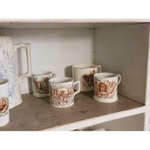 403 - SHELF OF ROYAL COMMEMORATIVE MUGS & WATER JUG