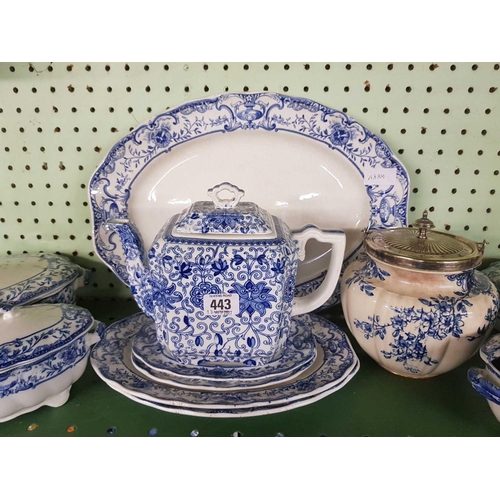 443 - SHELF OF BLUE & WHITE CHINAWARE CONSISTING OF ATHOL CHINAWARE ETC