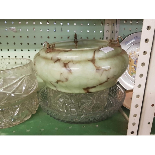 448 - SHELF OF GLASS FRUIT BOWLS & VINTAGE HANGING LAMP SHADE