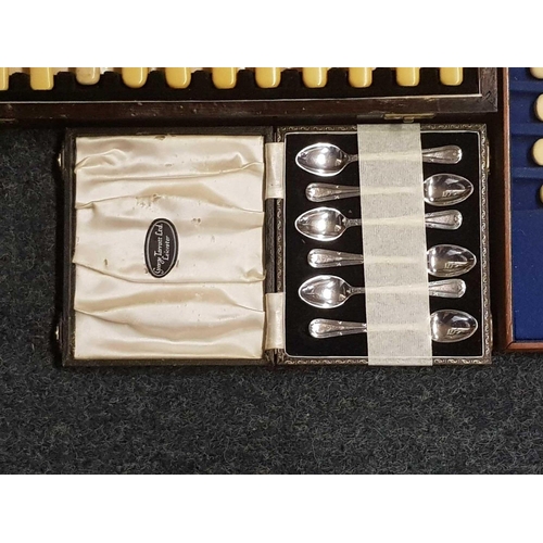 457 - VICTORIAN PLATED FISH SERVER'S & CUTLERY IN WOODEN BOX, WOOD TRAY OF FISH CUTLERY & BOX OF PLATED SP... 