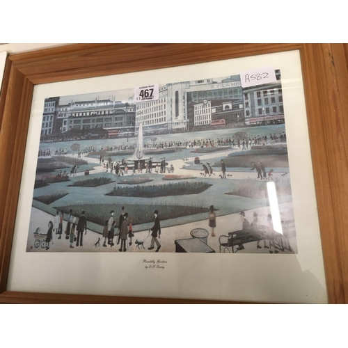 467 - F/G LOWRY PRINT OF PICCADILLY GARDENS, HORSE PICTURE & PANORAMIC OIL PAINTING OF A SHORELAND SCENE B... 