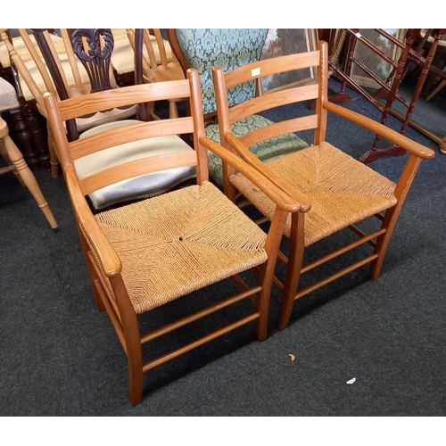 471 - 4 RAFFIA SEATED PINE LADDER BACK CHAIRS & TWO CARVERS