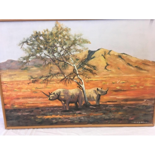 476 - FRAMED PAINTING OF RHINO'S & F/G PRINT OF MEVAGISSEY