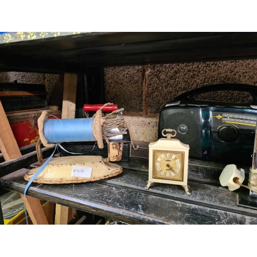 48 - SHELF WITH VINTAGE BRASS LETTER RACK, BELL VINTAGE WATER FILTER, MODERN RADIO, ELECTRIC CLOCK, TRAVE... 