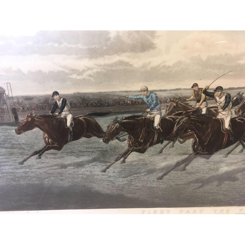 480 - LARGE 29TH CENTURY COLOURED HORSE RACING ENGRAVING 'FIRST PAST THE POST' 1888