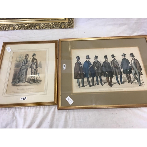 486 - 2 GILT F/G VINTAGE PRINTS WITH GILT FRAMED OIL PAINTING & GILT F/G TULIP PICTURE