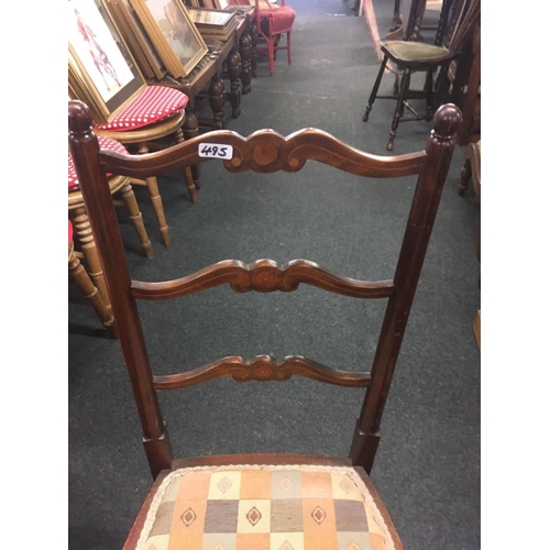 495 - PAIR OF MATCHING CARVED MAHOGANY UPHOLSTERED DINING CHAIRS WITH TURNED LEGS & AN INLAID MAHOGANY UPH... 