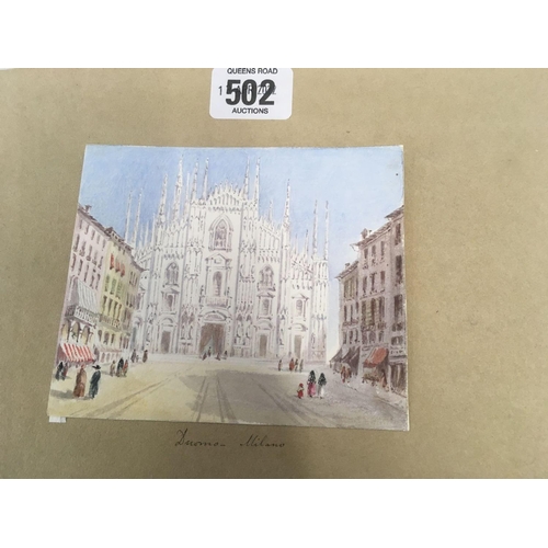 502 - 19THC WATERCOLOUR OF DUOMO DI MILANO, BEING MILAN CATHEDRAL WITH NEIGHBOURING BUILDINGS AND STREET W... 