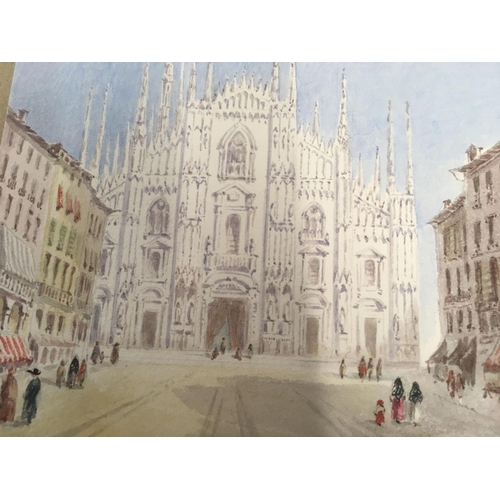 502 - 19THC WATERCOLOUR OF DUOMO DI MILANO, BEING MILAN CATHEDRAL WITH NEIGHBOURING BUILDINGS AND STREET W... 