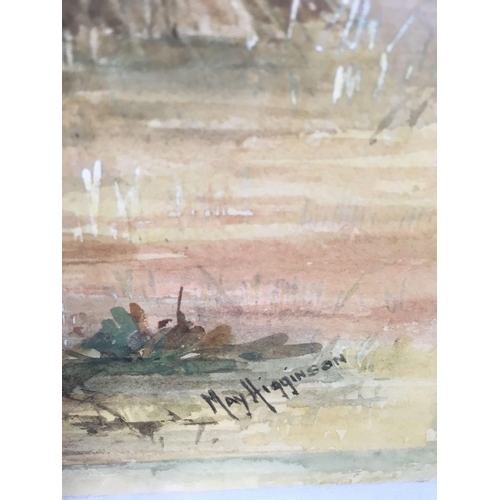 503 - EARLY 20THC WATERCOLOUR OF A HARVEST LANDSCAPE WITH CORN STOOKS, SIGNED MAY HIGGINSON