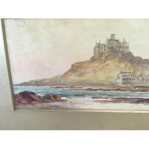 504 - WATERCOLOUR VIEW OF ST MICHAEL'S MOUNT, PENZANCE, INSCRIBED & SIGNED J LE BRETON, C1900