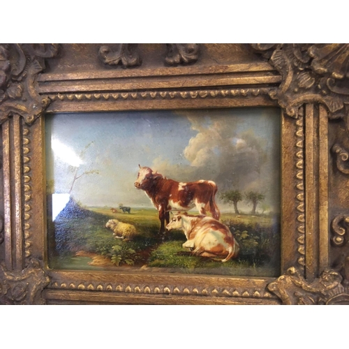 507 - OIL PAINTING ON WOOD PANEL IN DECORATIVE GILT FRAME, CATTLE & SHEEP RESTING ON A RIVERBANK