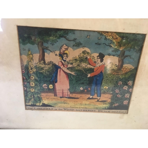 512 - PAIR OF HAND COLOURED REGENCY ENGRAVINGS OF ''CHILDREN IN THE WOOD. IN ORIGINAL FRAMES, [ONE FRAME D... 